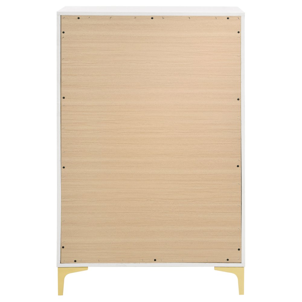 Start2Finish Kendall 5-drawer white bedroom chest with sleek design and modern hardware, showcasing its clean, functional storage space.