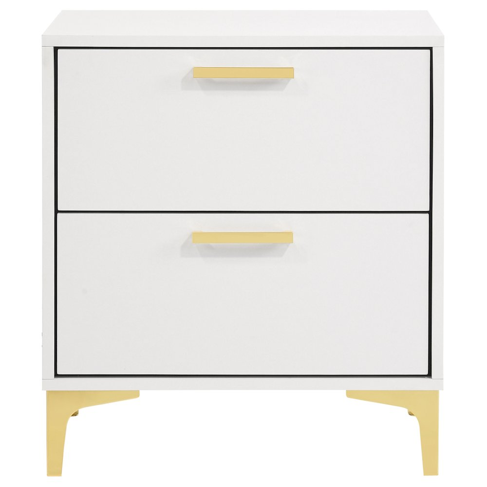 White Kendall 2-drawer nightstand by Start2Finish with sleek design and modern handles, showing its smooth finish and compact size.