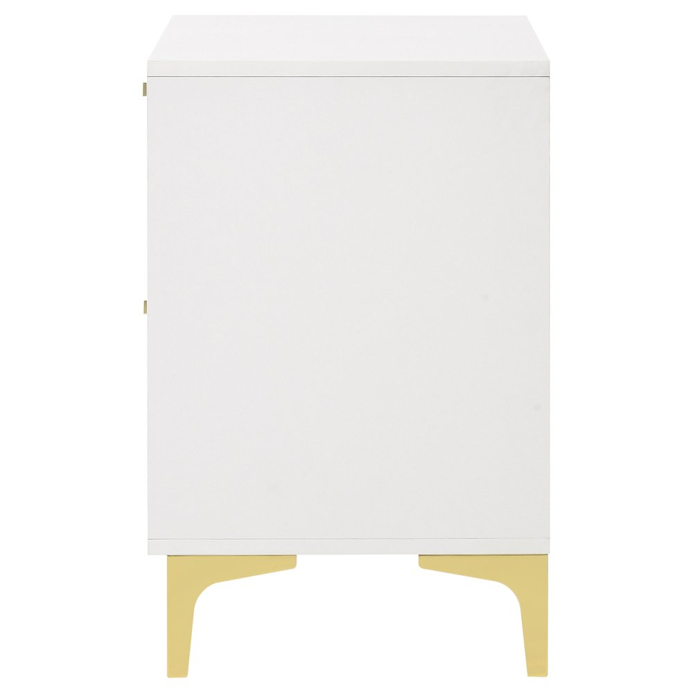 White Kendall 2-drawer nightstand by Start2Finish with sleek design and modern handles, shown with a smooth surface and closed drawers.