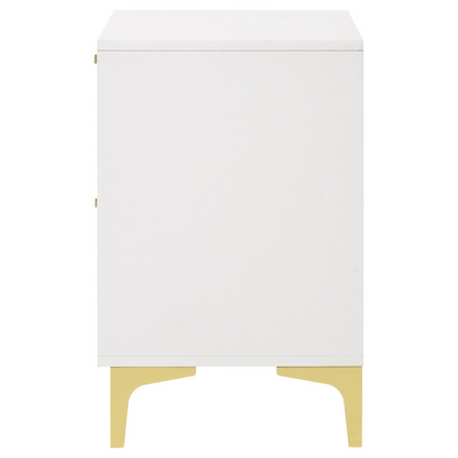 White Kendall 2-drawer nightstand by Start2Finish with sleek design and modern handles, shown with a smooth surface and closed drawers.
