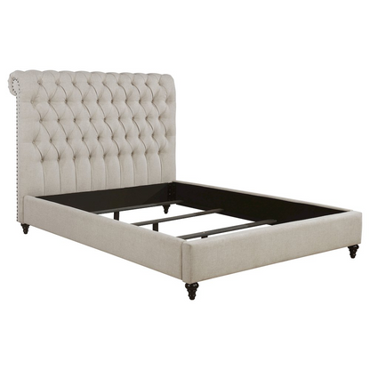 Beige upholstered Queen panel bed with 57-inch headboard and sturdy frame, designed by Start2Finish for a modern bedroom look.