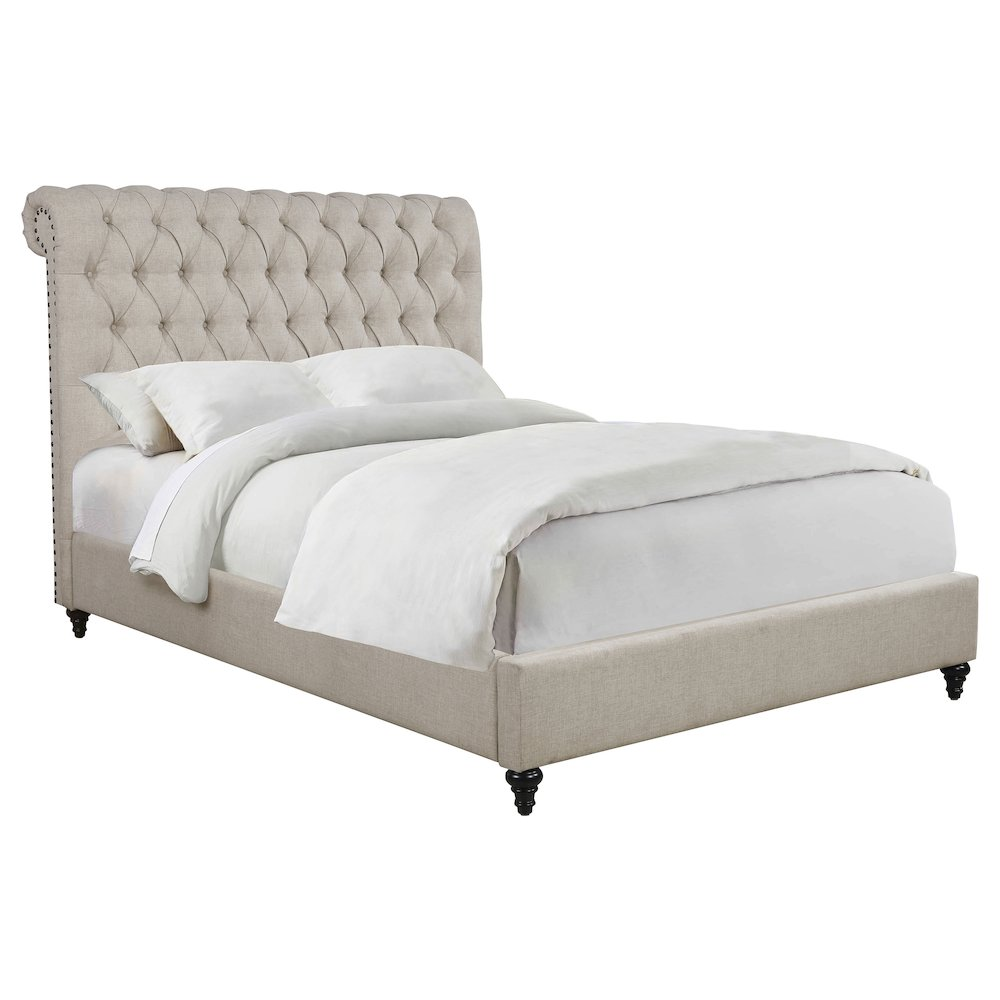 Beige upholstered Queen panel bed with clean lines and plush headboard, showcasing the Devon 57-inch Start2Finish bedroom furniture.