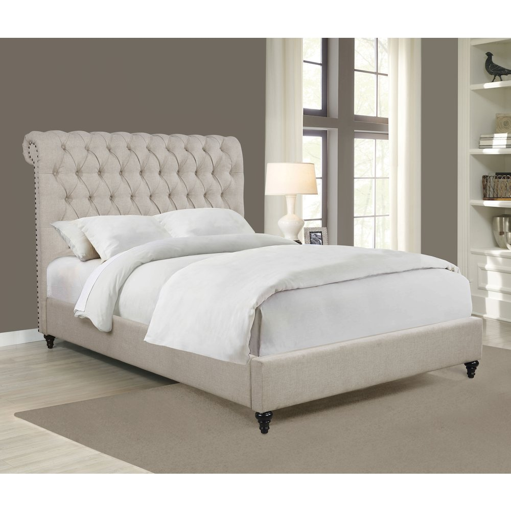 Beige upholstered Devon 57-inch queen panel bed by Start2Finish, featuring a padded headboard and classic design.