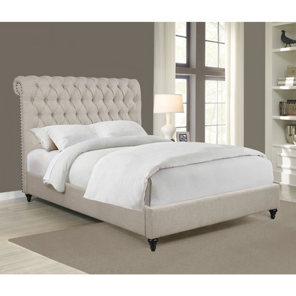 Beige upholstered Devon 57-inch queen panel bed by Start2Finish, featuring a padded headboard and classic design.