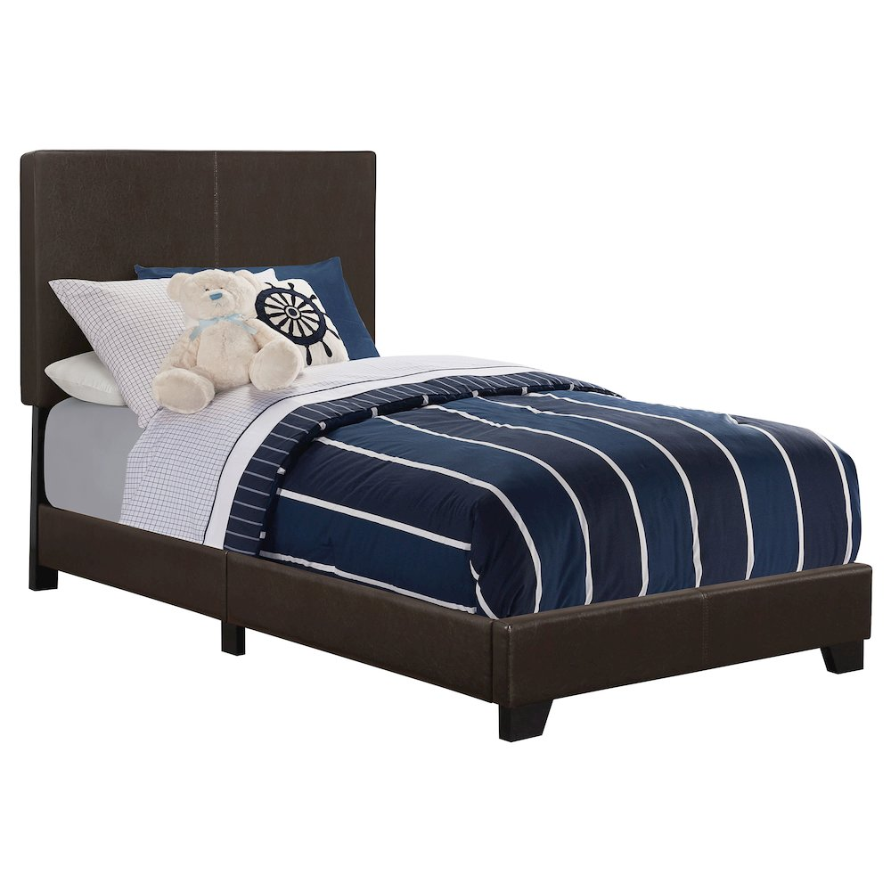 Start2Finish Dorian upholstered twin panel bed in brown with padded headboard and wooden frame, styled for a cozy bedroom.