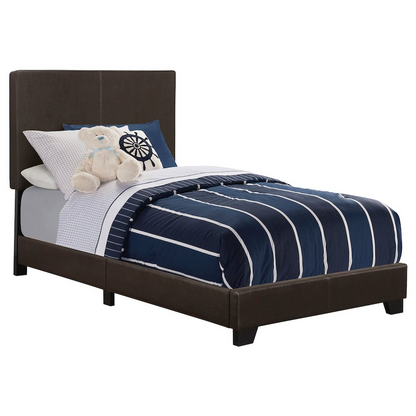 Start2Finish Dorian upholstered twin panel bed in brown with padded headboard and wooden frame, styled for a cozy bedroom.