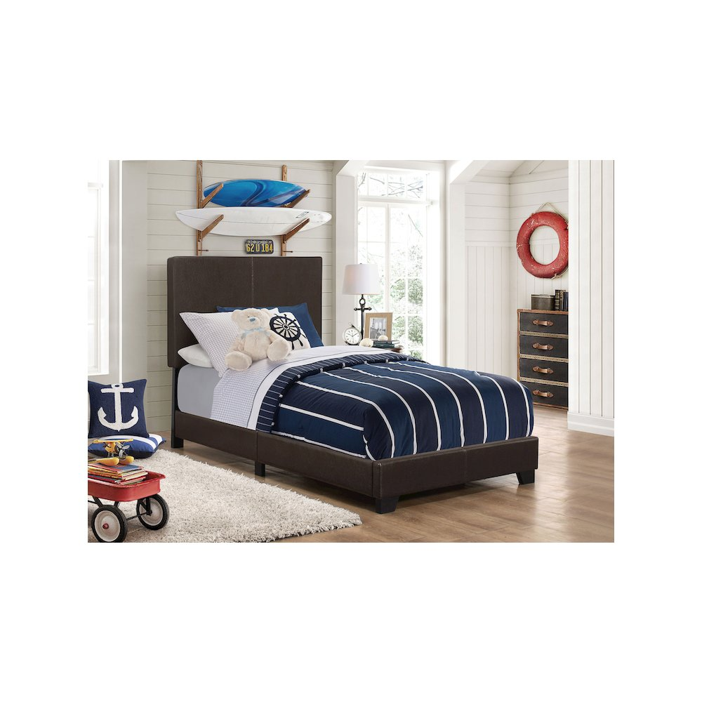 Start2Finish Dorian upholstered twin panel bed in brown with padded headboard and sleek frame, perfect for a modern bedroom.