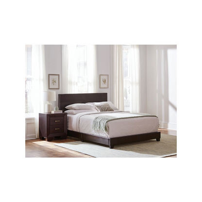 Start2Finish Dorian Upholstered Twin Panel Bed in brown with padded headboard and sleek wooden frame, ideal for a modern bedroom.