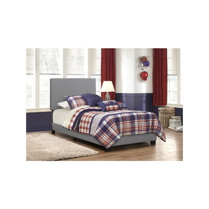 Grey Dorian upholstered twin panel bed by Start2Finish with a padded headboard and sleek design.