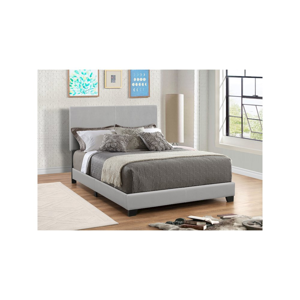 Grey Dorian upholstered queen panel bed by Start2Finish featuring a padded headboard and sleek modern design.