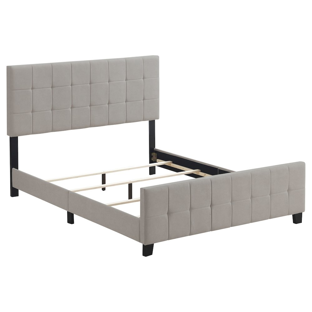 Beige Fairfield upholstered queen panel bed by Start2Finish with padded headboard and sleek wooden frame, shown in a modern bedroom setting.