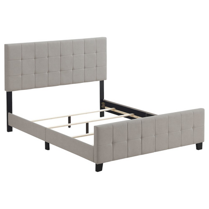 Beige Fairfield upholstered queen panel bed by Start2Finish with padded headboard and sleek wooden frame, shown in a modern bedroom setting.