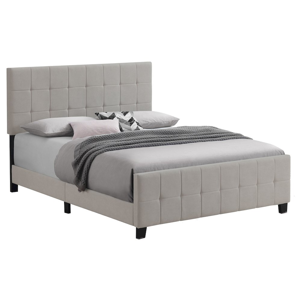 Beige upholstered Fairfield Queen Panel Bed by Start2Finish, showing the bed&