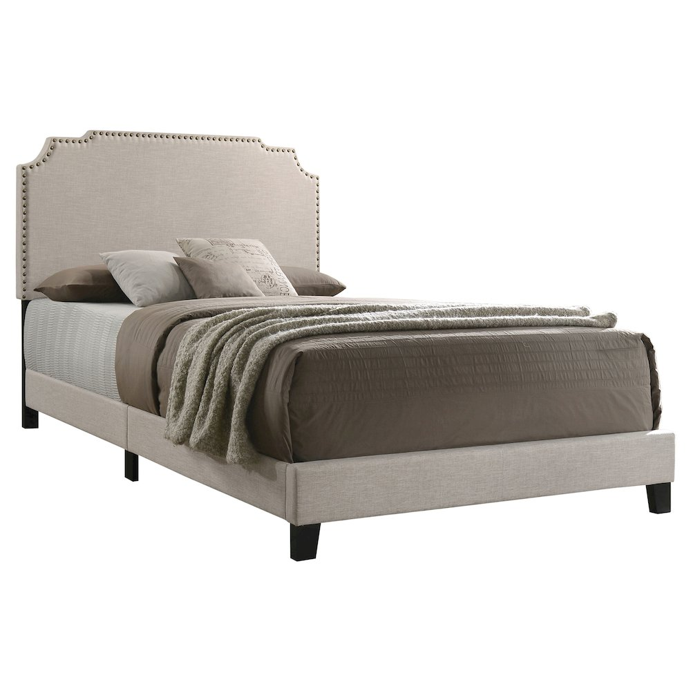 Start2Finish Tamarac upholstered full panel bed in beige with a padded headboard and clean, modern design.