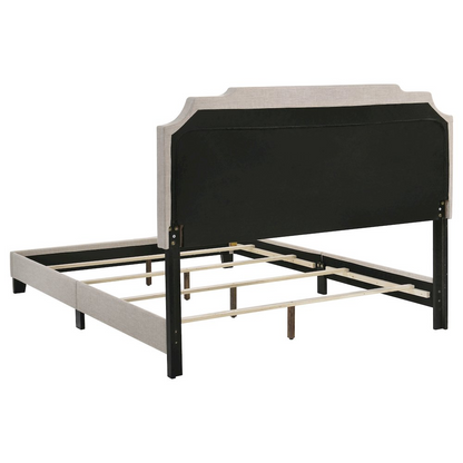 Start2Finish Tamarac beige upholstered full panel bed with padded headboard and clean lines, perfect for a modern bedroom setting.