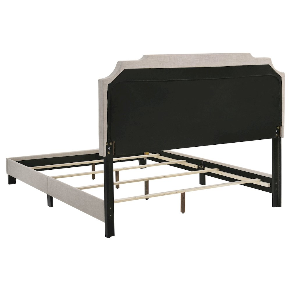 Start2Finish Tamarac upholstered queen panel bed in beige with a padded headboard and clean-lined design.