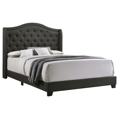 Start2Finish Sonoma upholstered queen wingback bed in grey with padded headboard and elegant winged sides, modern bedroom furniture.