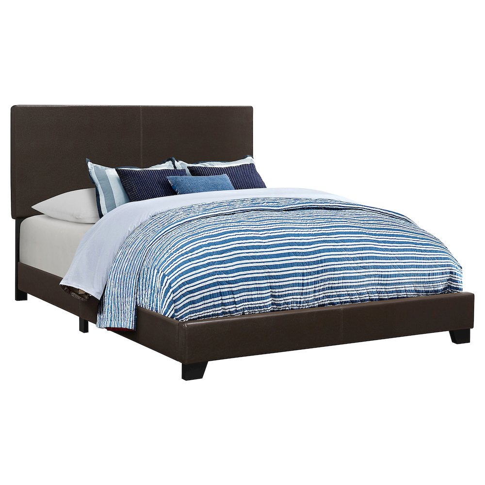 Start2Finish Dorian upholstered full panel bed in brown with padded headboard and frame, showcasing a modern bedroom furniture piece.