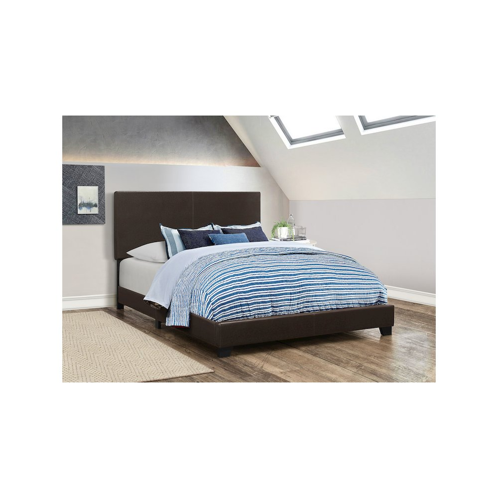 Start2Finish Dorian upholstered full panel bed in brown with padded headboard and sleek design for a modern bedroom look.