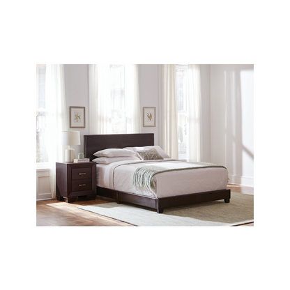 Start2Finish Dorian upholstered full panel bed in brown with padded headboard and sleek frame, showcasing its modern design.