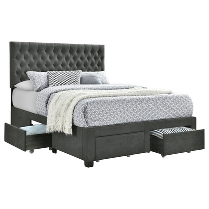 Grey Soledad upholstered full storage panel bed by Start2Finish with a padded headboard and built-in storage drawers.