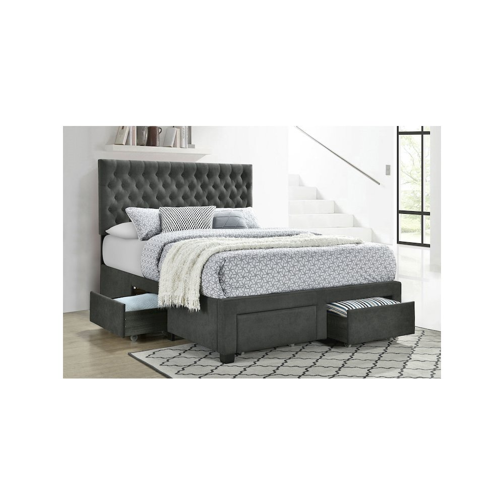 Start2Finish Soledad upholstered full storage panel bed in grey with padded headboard and built-in under-bed storage.