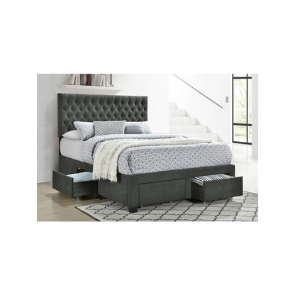 Start2Finish Soledad upholstered full storage panel bed in grey with padded headboard and built-in under-bed storage.