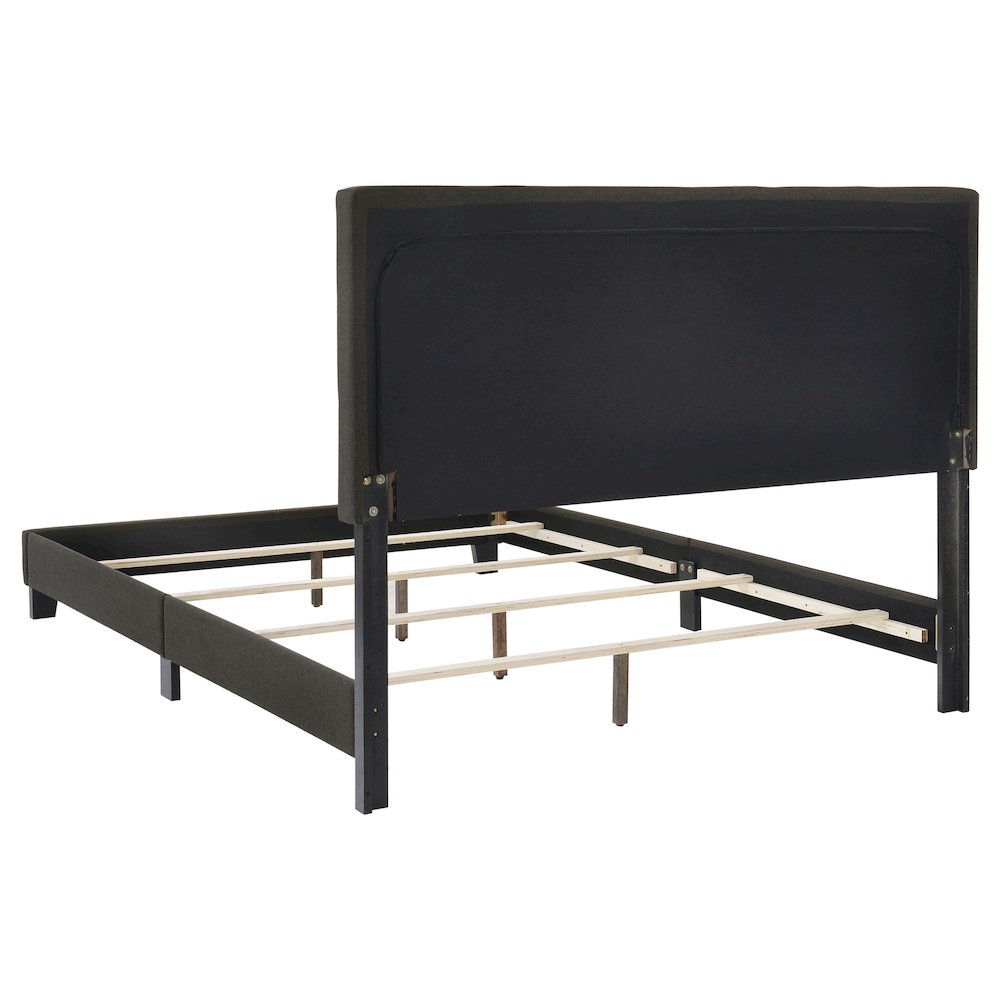 Mapes upholstered queen panel bed in charcoal with a padded headboard and sleek frame, featuring modern design and neutral color.