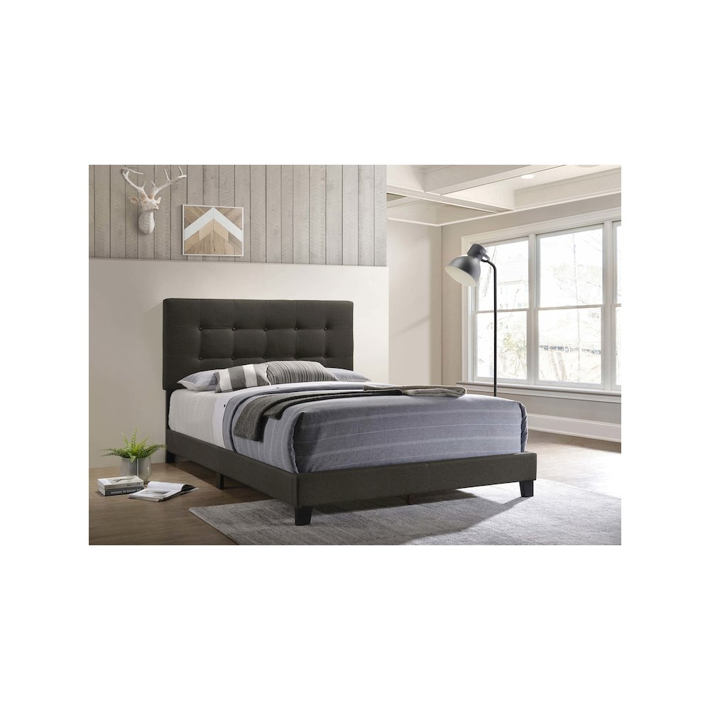 Charcoal Mapes upholstered queen panel bed by Start2Finish with padded headboard and sleek wooden frame.