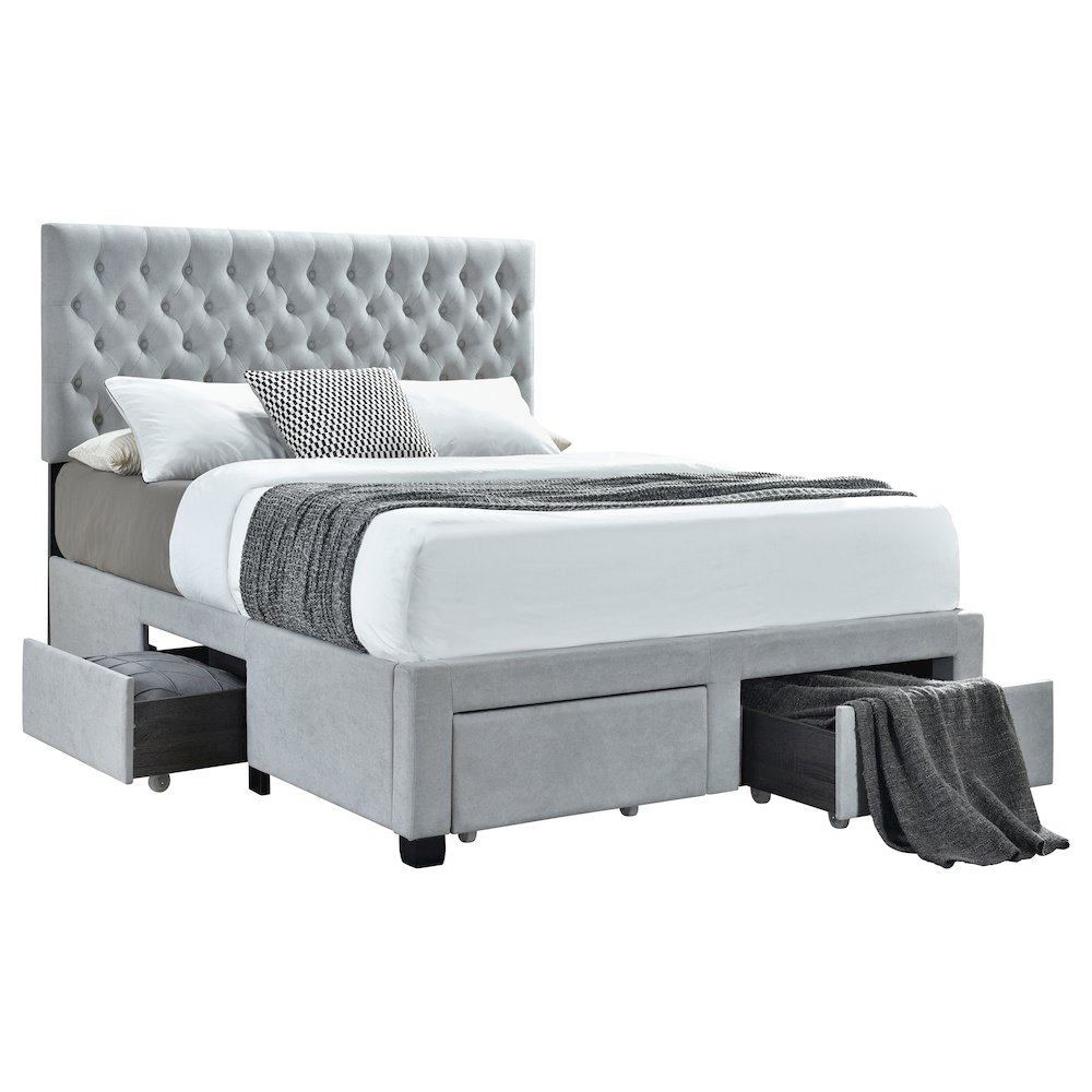 Light grey Soledad upholstered queen storage panel bed by Start2Finish with padded headboard and built-in under-bed storage drawers.