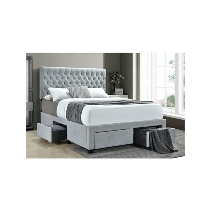 Light grey upholstered queen storage panel bed by Start2Finish with a padded headboard and built-in storage drawers.