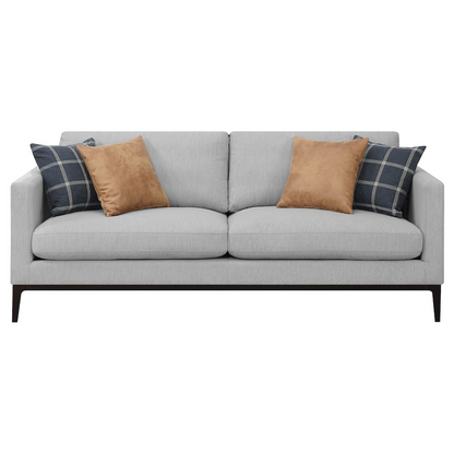 Light grey upholstered Apperson track arm sofa by Start2Finish with plush cushions and modern design, shown in a living room setting.