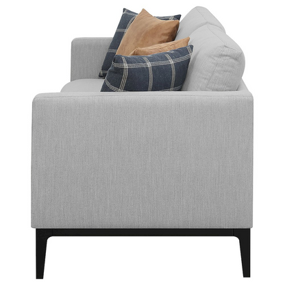 Light grey Apperson upholstered track arm sofa by Start2Finish with plush cushions and sleek modern design.