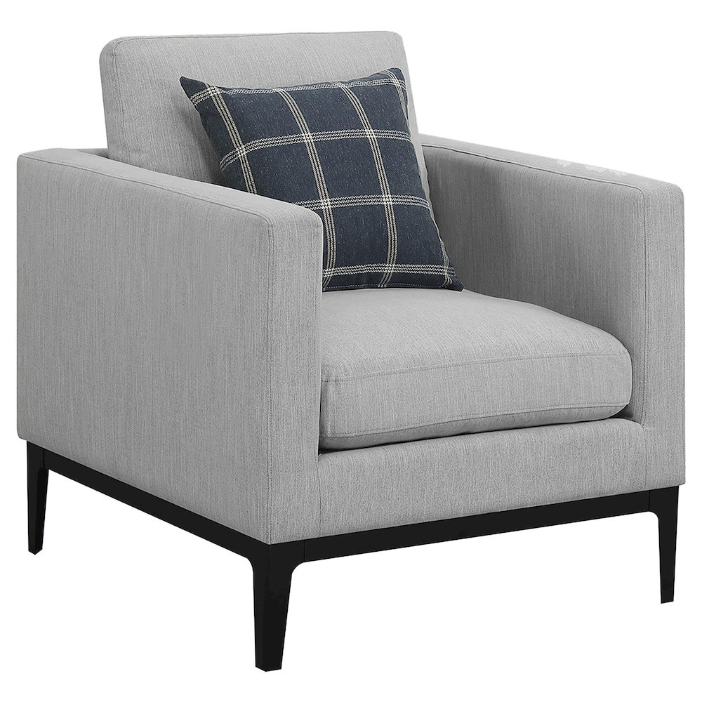Light grey upholstered Apperson accent chair with track arms and cushioned seat, featuring a modern furniture design by Start2Finish.