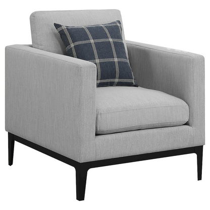 Light grey upholstered Apperson accent chair with track arms and cushioned seat, featuring a modern furniture design by Start2Finish.