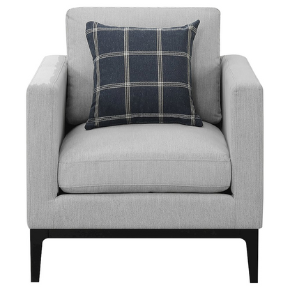 Light grey Apperson upholstered accent chair with track arms and wooden legs, showcasing modern furniture design.