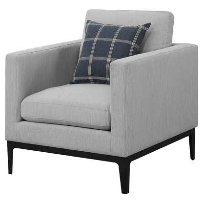 Start2Finish Apperson upholstered accent chair with light grey fabric, featuring a track arm design and cushioned seating.