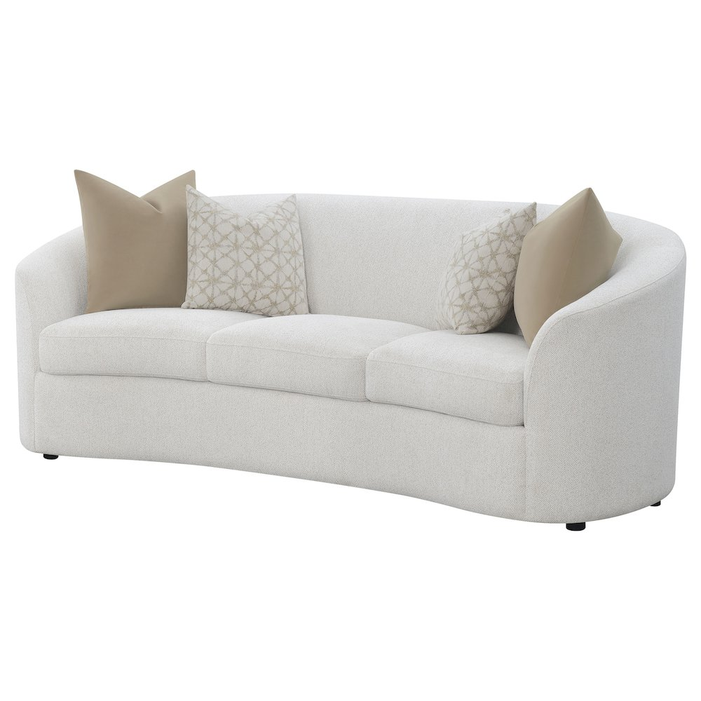 Rainn Boucle upholstered sloped arm sofa in latte color, modern furniture piece with plush fabric and stylish design.