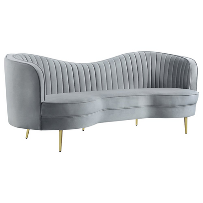Gray Sophia upholstered channel tufted sofa by Start2Finish, showing plush fabric, deep tufting, and sleek armrest design.