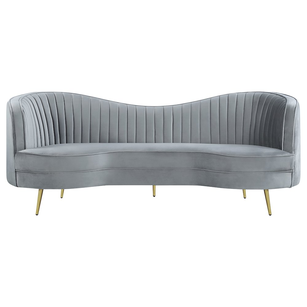 Grey Sophia upholstered channel tufted sofa with plush cushions and sleek design, perfect for modern living rooms.