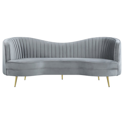 Grey Sophia upholstered channel tufted sofa with plush cushions and sleek design, perfect for modern living rooms.
