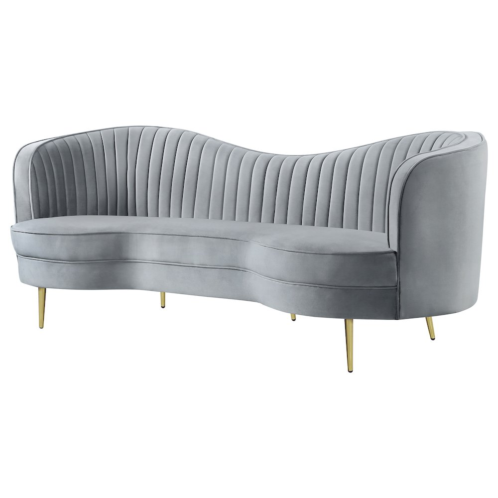 Start2Finish Sophia grey upholstered channel tufted sofa with plush cushioning and elegant design.