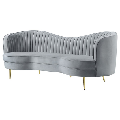 Start2Finish Sophia grey upholstered channel tufted sofa with plush cushioning and elegant design.