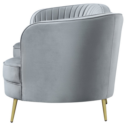 Grey Sophia upholstered channel tufted sofa by Start2Finish with plush fabric and elegant tufted design, showcasing a modern living room style.