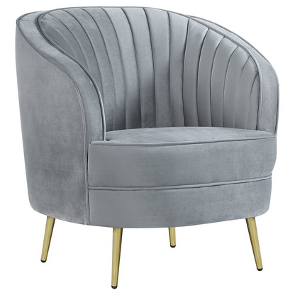 Grey Sophia upholstered channel tufted barrel accent chair with rounded back and armrests, stylish and comfortable for living rooms.