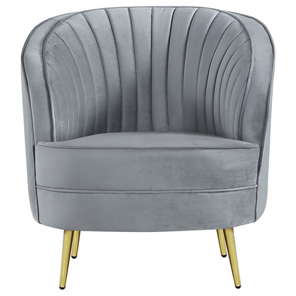 Start2Finish Sophia grey upholstered channel tufted barrel accent chair with rounded back and plush fabric.
