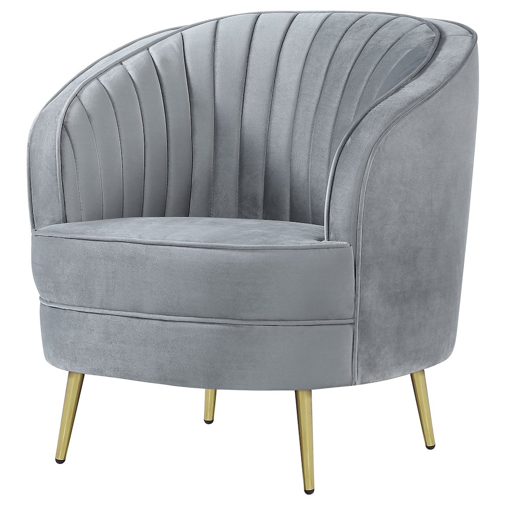 Grey Sophia upholstered channel tufted barrel accent chair by Start2Finish with plush fabric and rounded arm design.