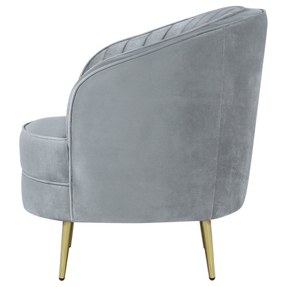 Start2Finish Sophia grey upholstered channel tufted barrel accent chair with plush padded seat and curved armrests.