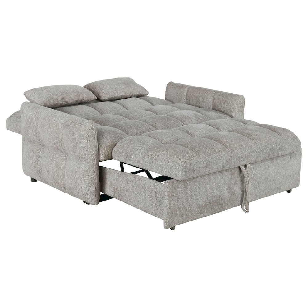 Light grey Cotswold upholstered convertible sleeper sofa bed by Start2Finish, showing the sofa in both sitting and bed positions.