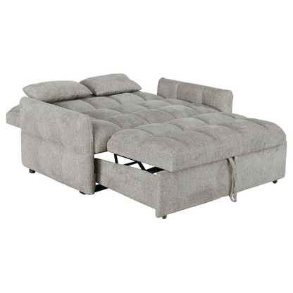 Light grey Cotswold upholstered convertible sleeper sofa bed by Start2Finish, showing the sofa in both sitting and bed positions.